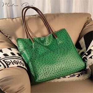 Green Tote Bag for Women with Zipper Large Ostrich Vegan Leather Shoulder Bag